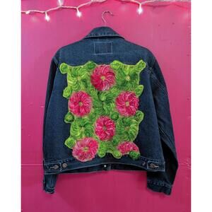 Upcycled Lime Pink Floral Denim Jacket Route 66 Jean Jacket XL 1X